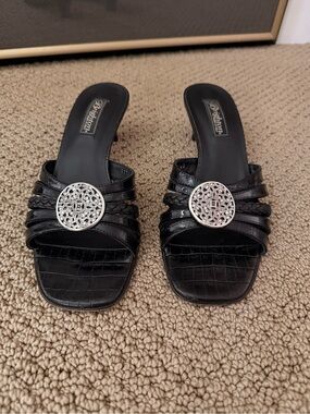 Brighton Kyoto Black Croc-Embossed Slide Sandals with Silver Filigree Medallions